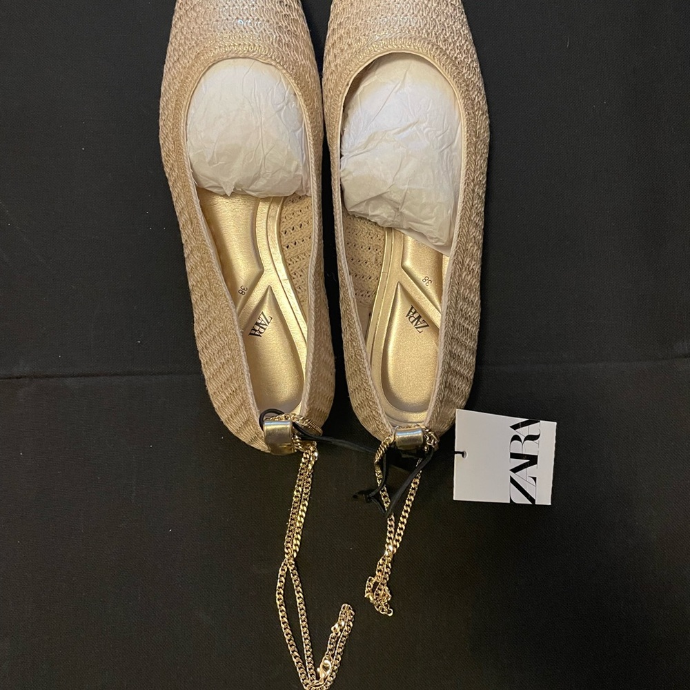 Zara Gold Flats with Elastic Edge and Drawstring